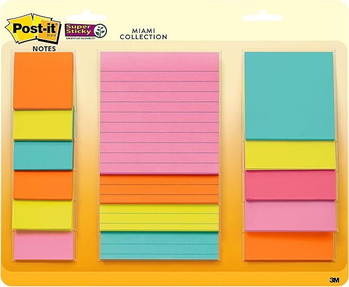 Post-it Super Sticky Notes, Assorted Sizes, 15 Pads, 2x the Sticking Power, Miami Collection, Neo... | Amazon (US)