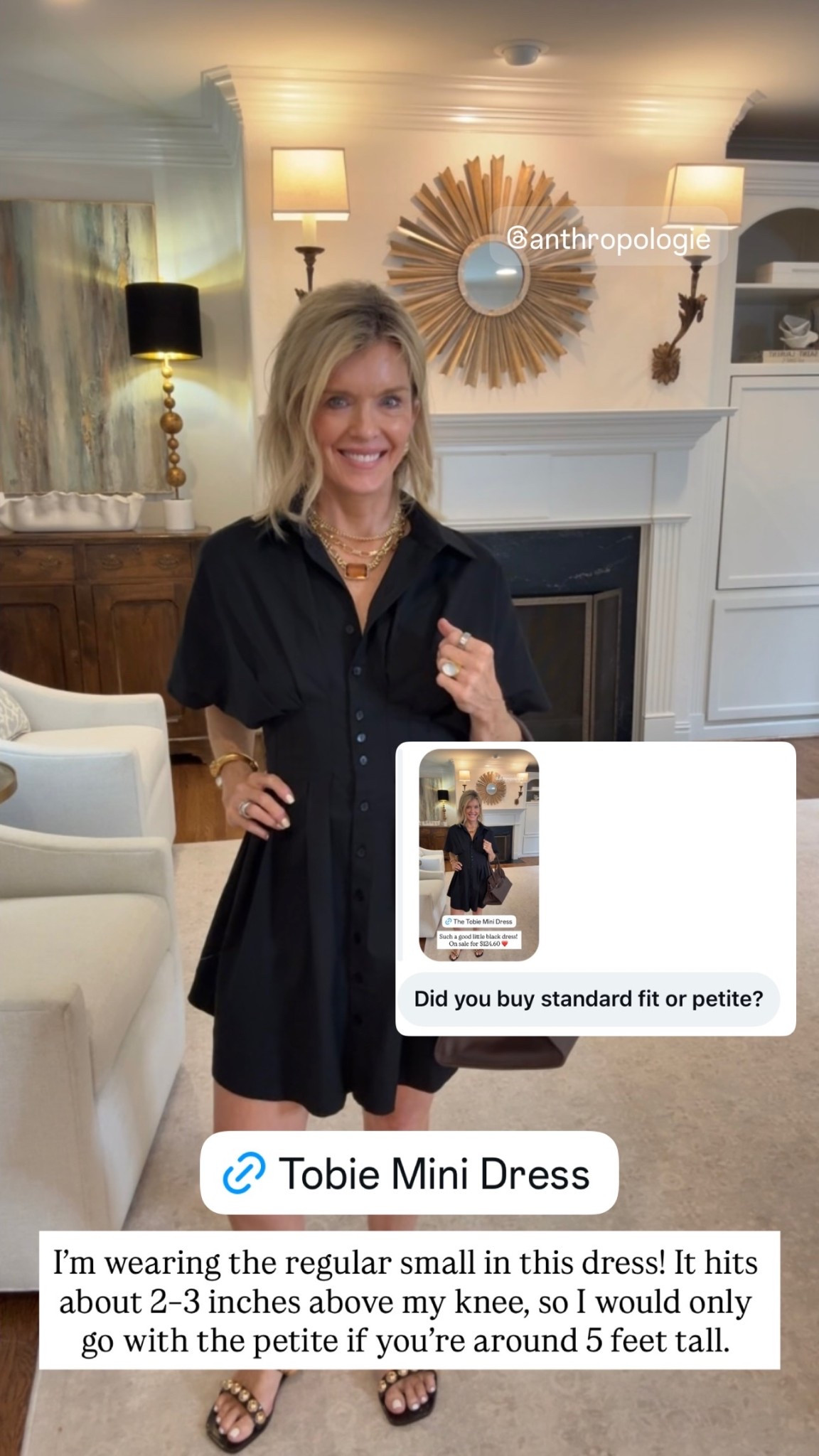 I’m wearing the regular small in this dress! It hits about 2–3 inches above my knee, so I would only go with the petite if you’re around 5 feet tall.