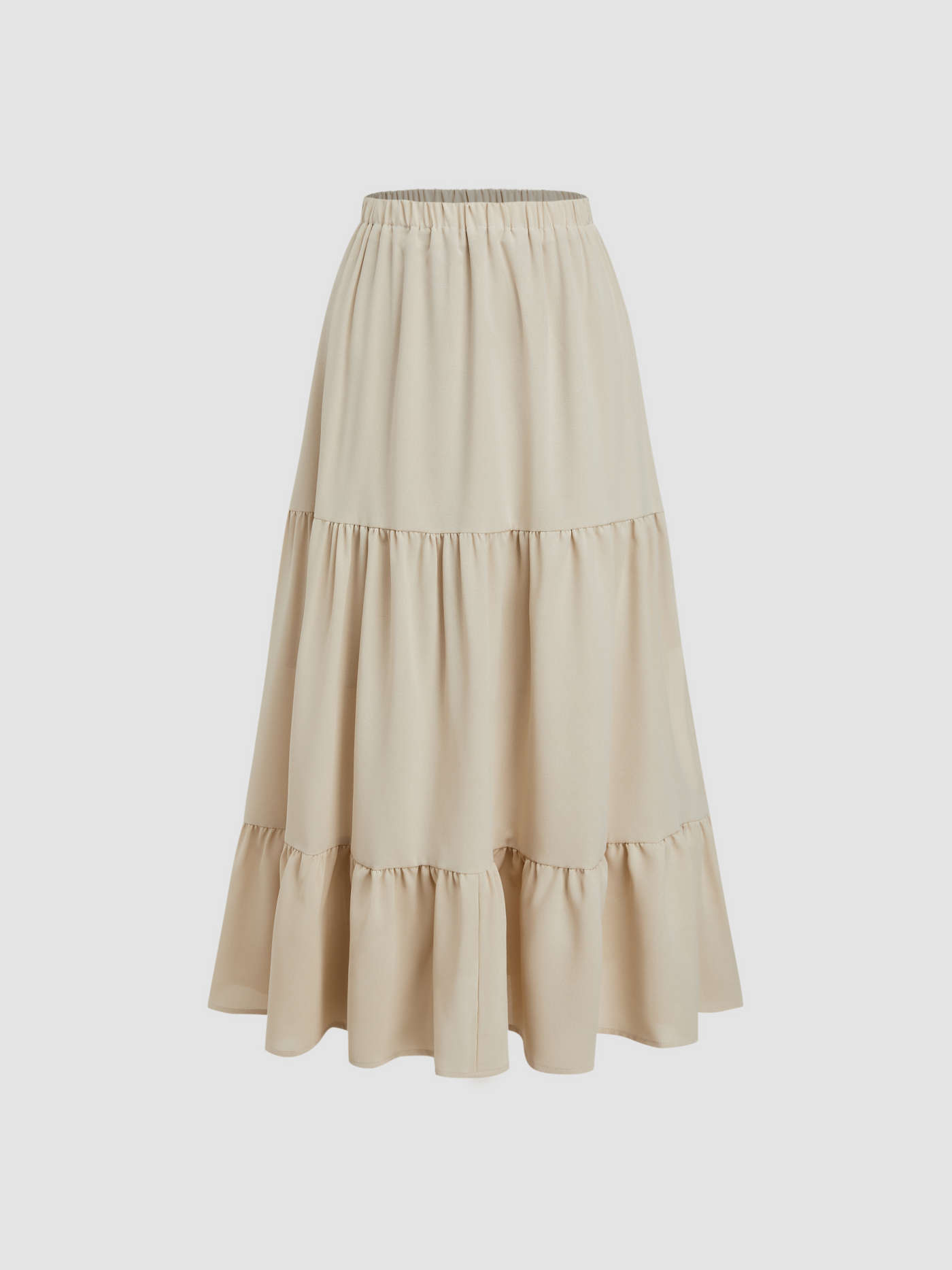 Solid Elastic Waist Ruffle Hem Tiered Midi Skirt | Cider