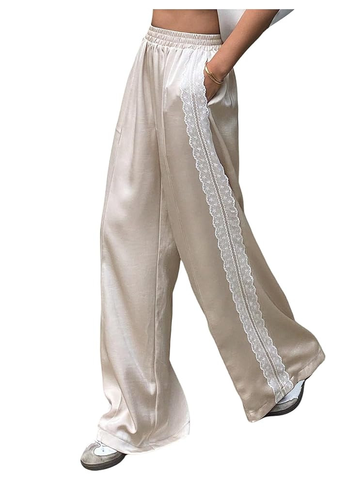 Women's Y2k Lace Baggy Pants Elastic Waist Wide Leg Satin Casual Trousers | Amazon (US)