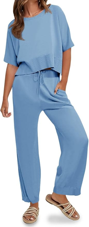 Fisoew Womens 2 Piece Outfits Sweater Sets Knit Split Crop Tops High Waisted Pants Lounge Set | Amazon (US)