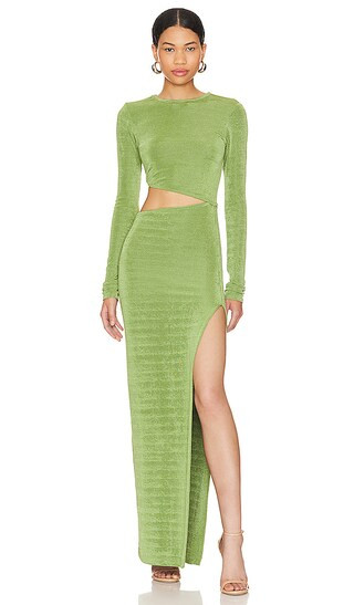 Long Sleeve Boat Neck Maxi Dress in Shiny Olive | Revolve Clothing (Global)