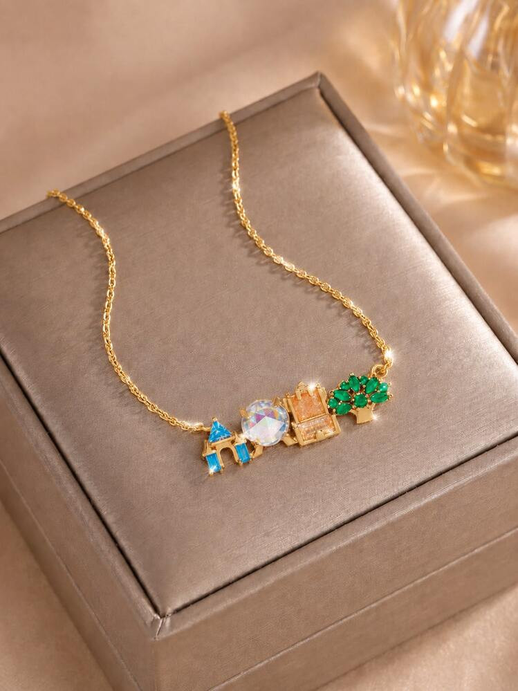 rakol 1pc Cartoon Fairy Tale Style Colorful Zirconia Castle & Tree Fun Women's Necklace | SHEIN