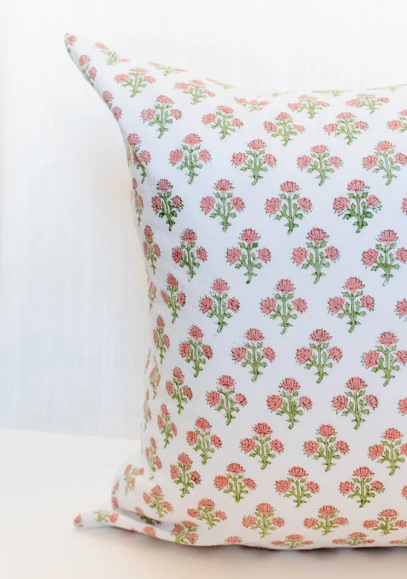 Sima  Block Printed Floral Pillow Ivory/neutral  Throw - Etsy | Etsy (US)