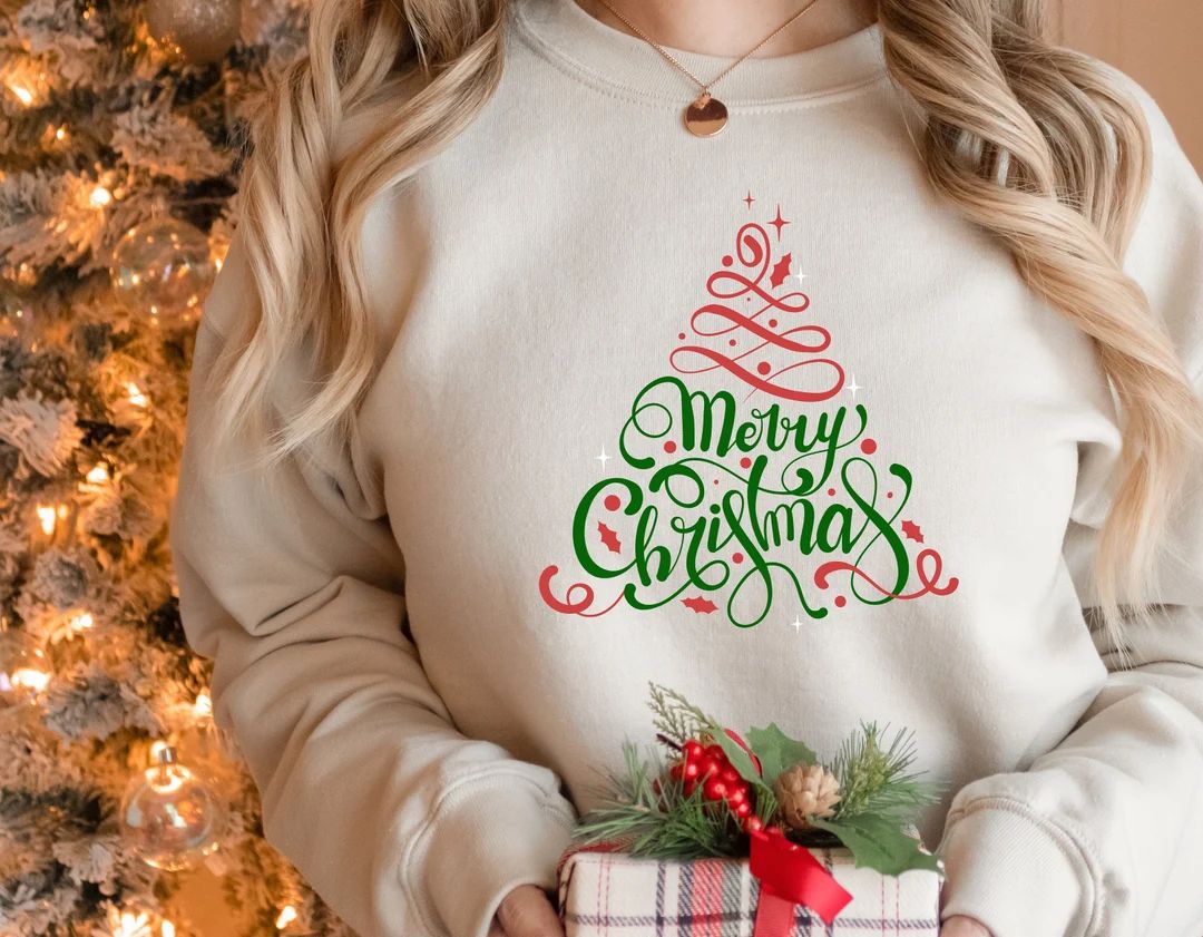 Merry Christmas Sweatshirt,Christmas Tree Sweater,Christmas Tree Lights Shirt,Very Merry Christma... | Etsy (US)