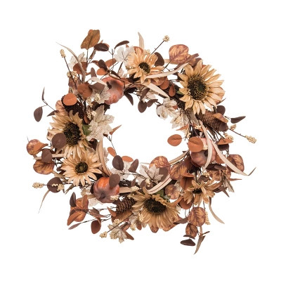 Transpac Fabric 24 in. Multicolor Harvest Sunflower Wreath | Target