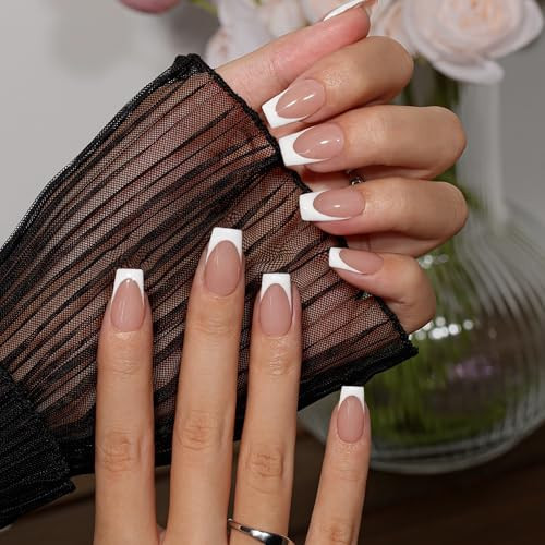 KQueenest White French Tip Press On Nails Medium, 30 Pcs Coffin Press On Nails with Glue, Glossy Soft Gel Fake Nails Press ons Short Ballerina, Reusable Natural Nude Glue on Nails for Women Weddings | Amazon (US)