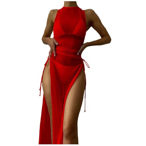 eipogp Mesh Cover Up Dress Women Sexy See Through Sheer Swimsuit Coverups Sleeveless Bikini Side Split Long Beach Swimwear C 01- Red Large | Amazon (US)