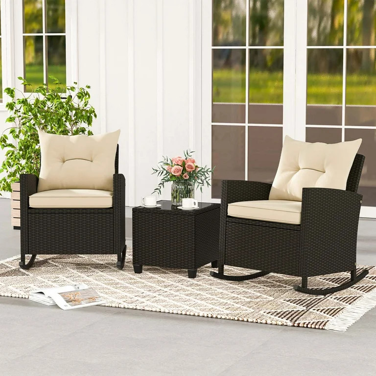 Costway 3 PCS Patio Wicker Rocking Set with Tempered Glass Table & Soft Cushions Outdoor Beige | Walmart (US)