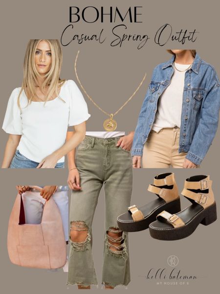 Casual spring outfit from Bohme. Olive green ripped jeans, Jean jacket. White blouse with puff sleeves, maybe handbag, purse,  sandals. 

#LTKstyletip #LTKfit #LTKSeasonal