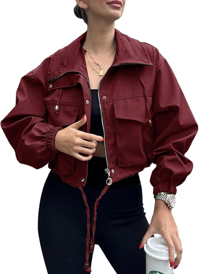 Tankaneo Womens Cropped Jacket Zip Up Lightweight Oversized Utility Anorak Coat with Pockets | Amazon (US)