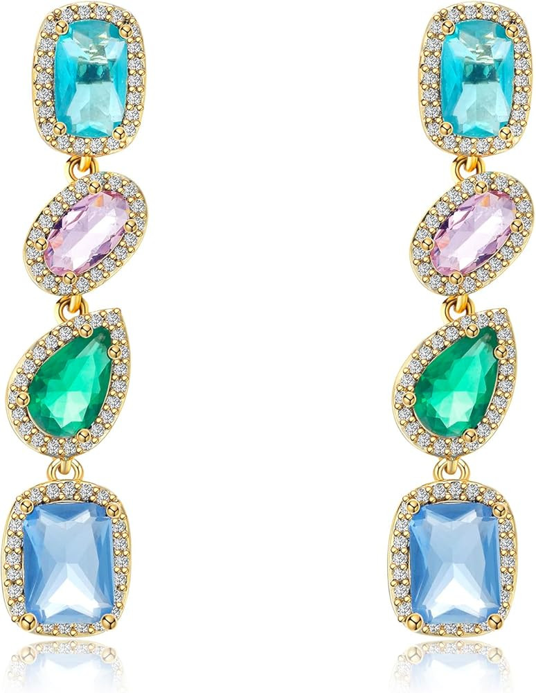 Colorful Crystal Drop Dangle Earrings for Women Rectangle Teardrop Cubic Zirconia Hypoallergenic ... | Amazon (US)