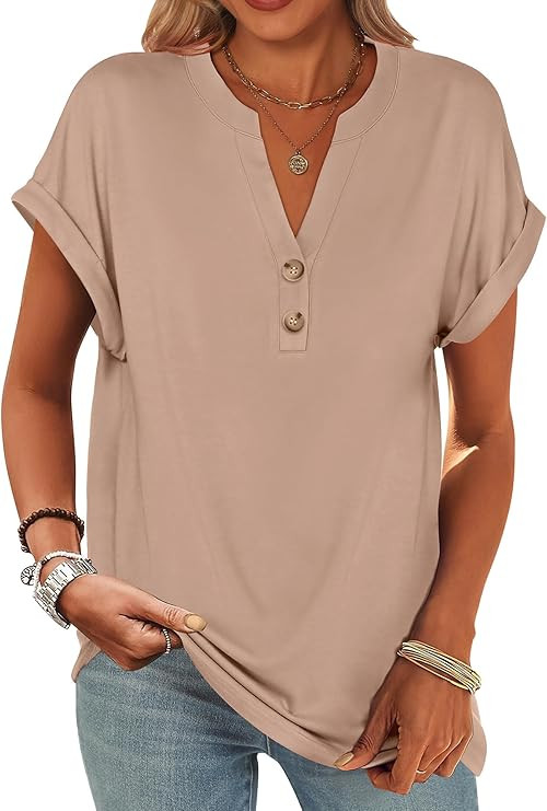 ANRABESS Womens Short Sleeve Henley Tops V Neck Dressy Casual Blouses Summer Trendy Tee Shirts 20... | Amazon (US)