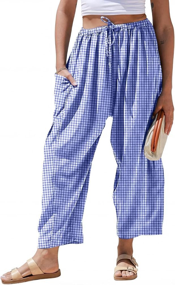 TARSE Womens Linen Wide Leg Striped Pants Casual Barrel Loose Drawstring Low Waist Palazzo Harem ... | Amazon (US)