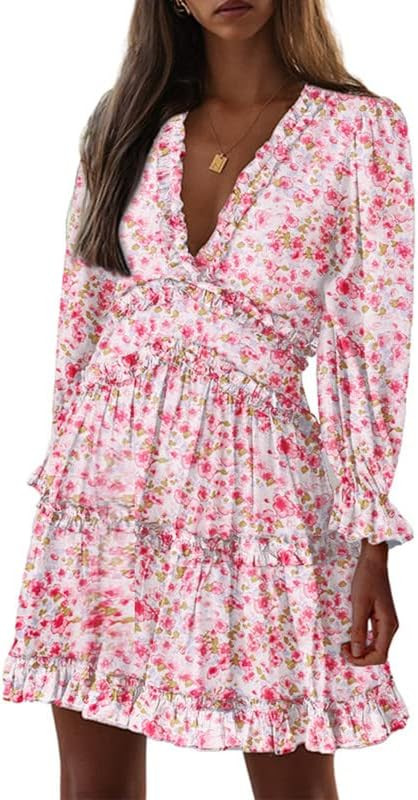 Dokotoo Womens 2023 Spring Summer Deep V Neck Ruffle Long Sleeve Floral Print Mini Dress | Amazon (US)