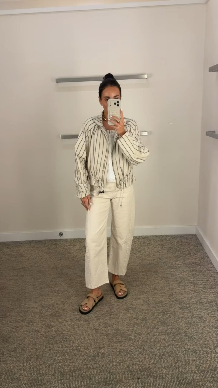 Spring striped jacket with barrel leg jeans, jacket and top are on SALE 25% off. I'm wearing size XS in top and jacket. neutral outfit, lightweight jacket, striped jacket, light layers, annabrstyle 

 #LTKSaleAlert