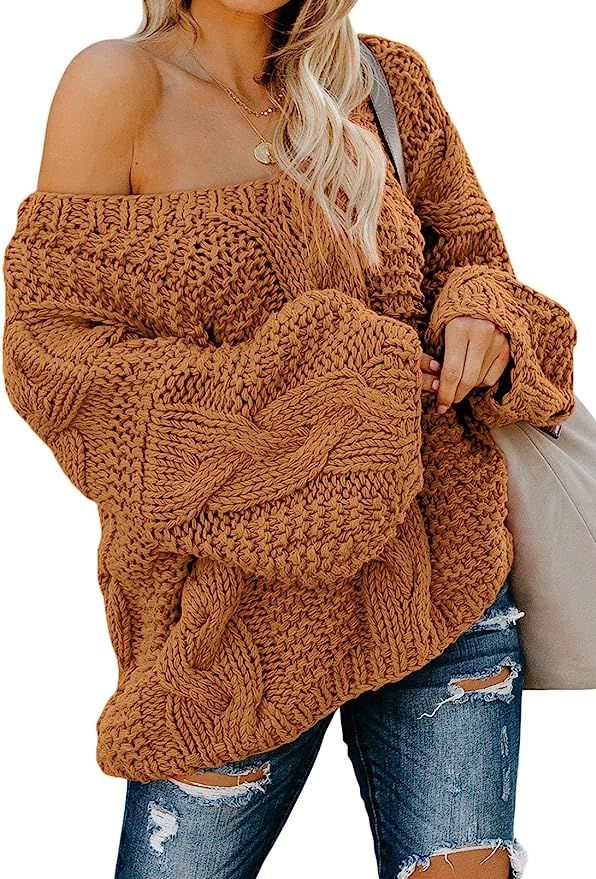 Astylish Womens Sexy Long Sleeve Off Shoulder Loose Cable Knit Pullover Sweater | Amazon (US)