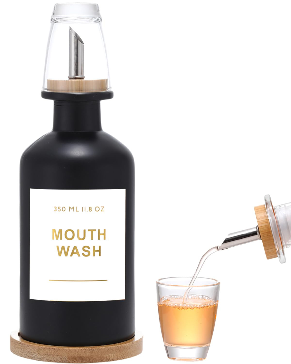 11.8OZ Glass Mouthwash Dispenser for Bathroom with Stainless Steel & Bamboo Nozzle, Mouthwash Cup... | Amazon (US)