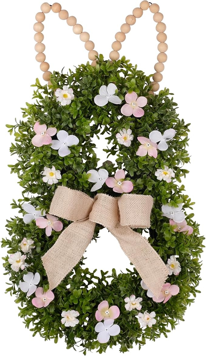 24" Easter Wreath for Front Door Beaded Bunny Wreath - Handcrafted with Artificial Boxwood Pink F... | Amazon (US)