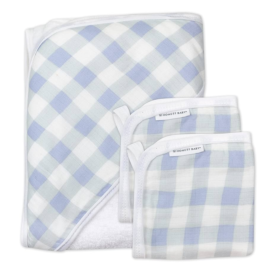 HonestBaby 3-Piece Organic Cotton Hooded Towel & Washcloth Set, Blue Painted Buffalo Check, One S... | Amazon (US)