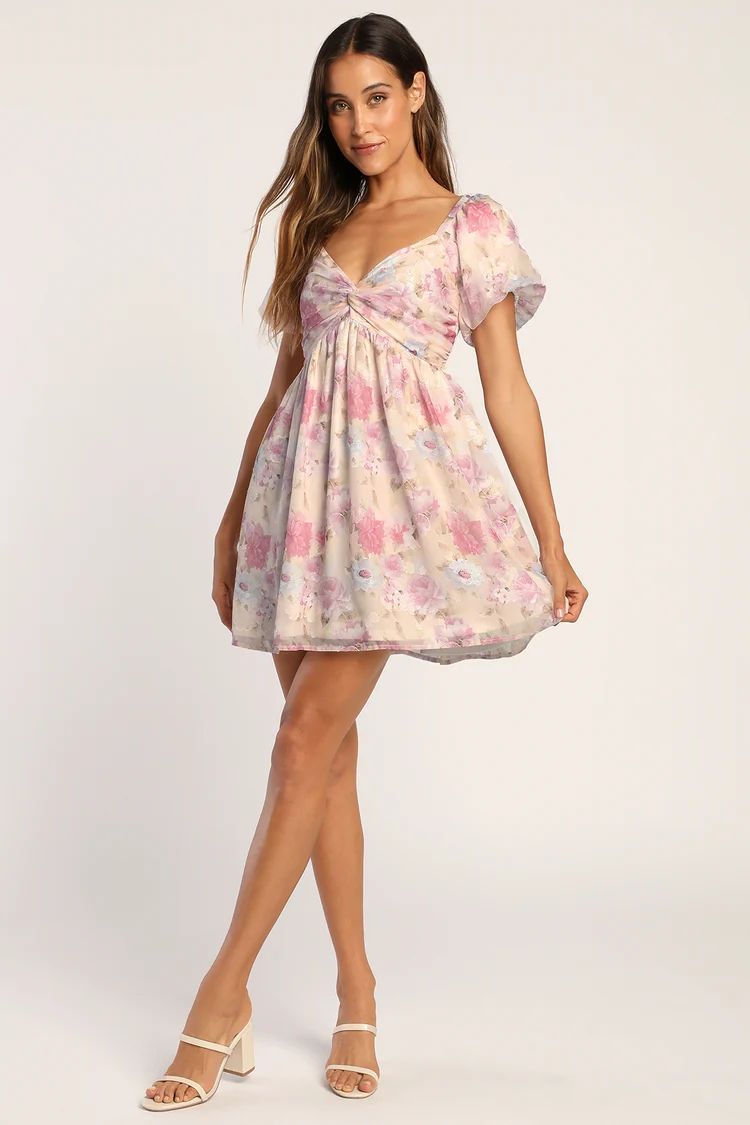 Fresh Florals Cream Floral Print Puff Sleeve Mini Dress | Lulus
