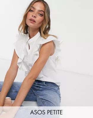 ASOS DESIGN Petite sleeveless shirt with frill detail in white | ASOS (Global)
