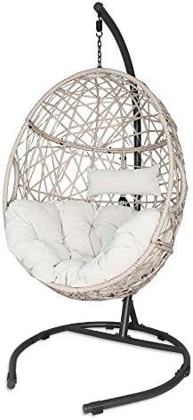 Iwicker Outdoor Rattan Egg Hanging Swing Chair with Cushions and Stand (Beige) | Amazon (US)