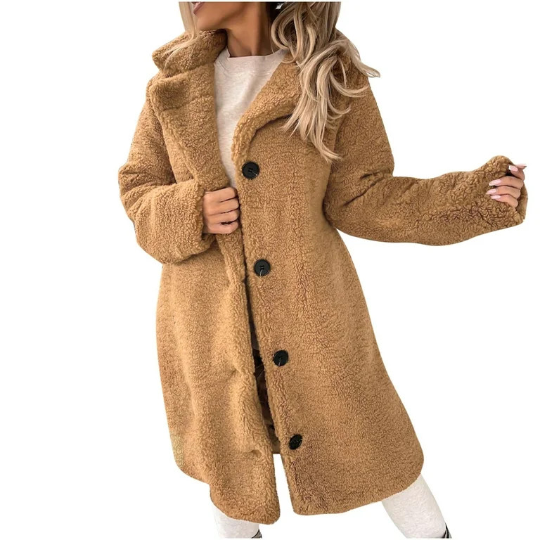 RYRJJ Womens Winter Coats Faux Fur Fuzzy Sherpa Fleece Jacket Casual Lapel Button Down Long Pocke... | Walmart (US)