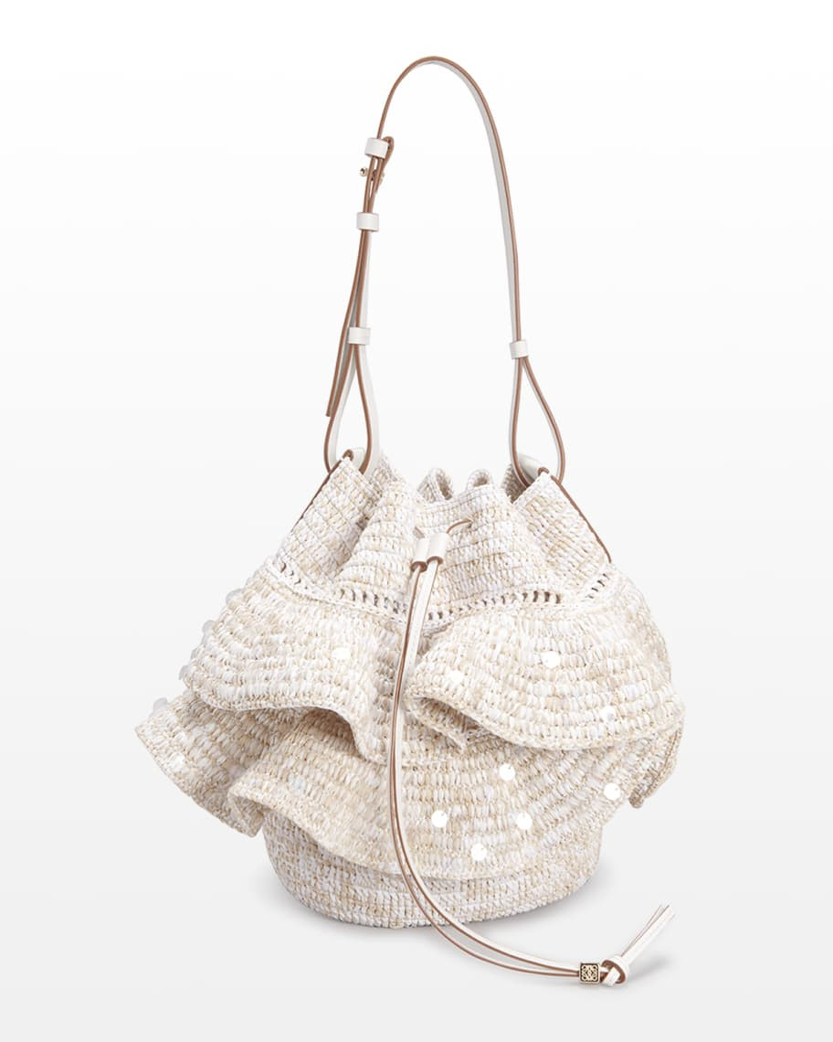 Loewe x Paula&rsquo;s Ibiza Balloon Sequin Ruffled Raffia Shoulder Bag | Neiman Marcus