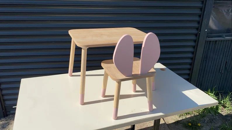 Wooden Kids Table and Chair Set Pink Rabbit Chair, Wooden Table, Wooden Chair, Montessori Table, ... | Etsy (US)