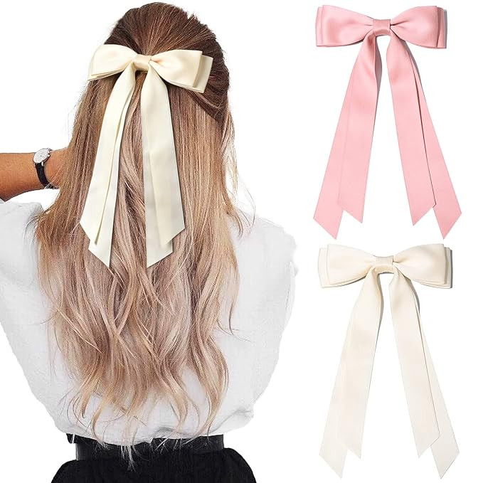 2PCS Silky Satin Hair Bows Hair Clip Beige Pink Hair Ribbon Ponytail Holder Accessories Slides Me... | Amazon (US)