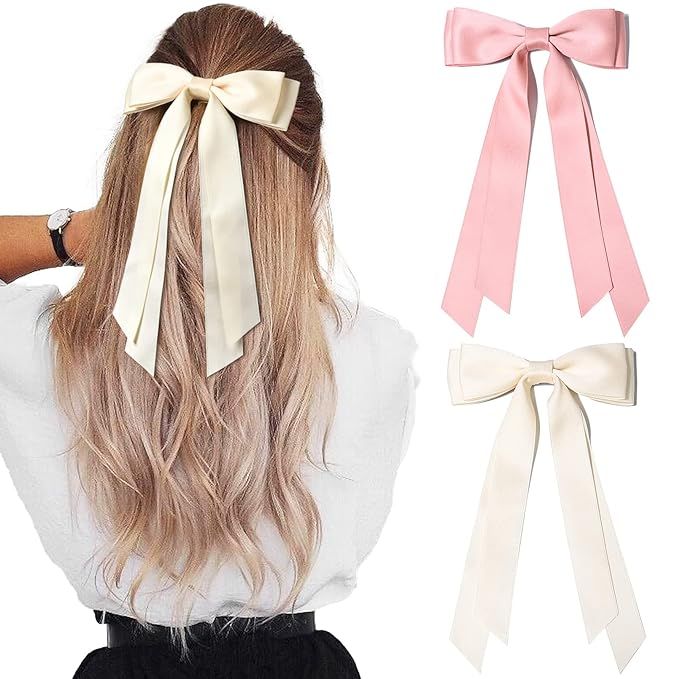 2PCS Silky Satin Hair Bows Hair Clip Beige Pink Hair Ribbon Ponytail Holder Accessories Slides Me... | Amazon (US)