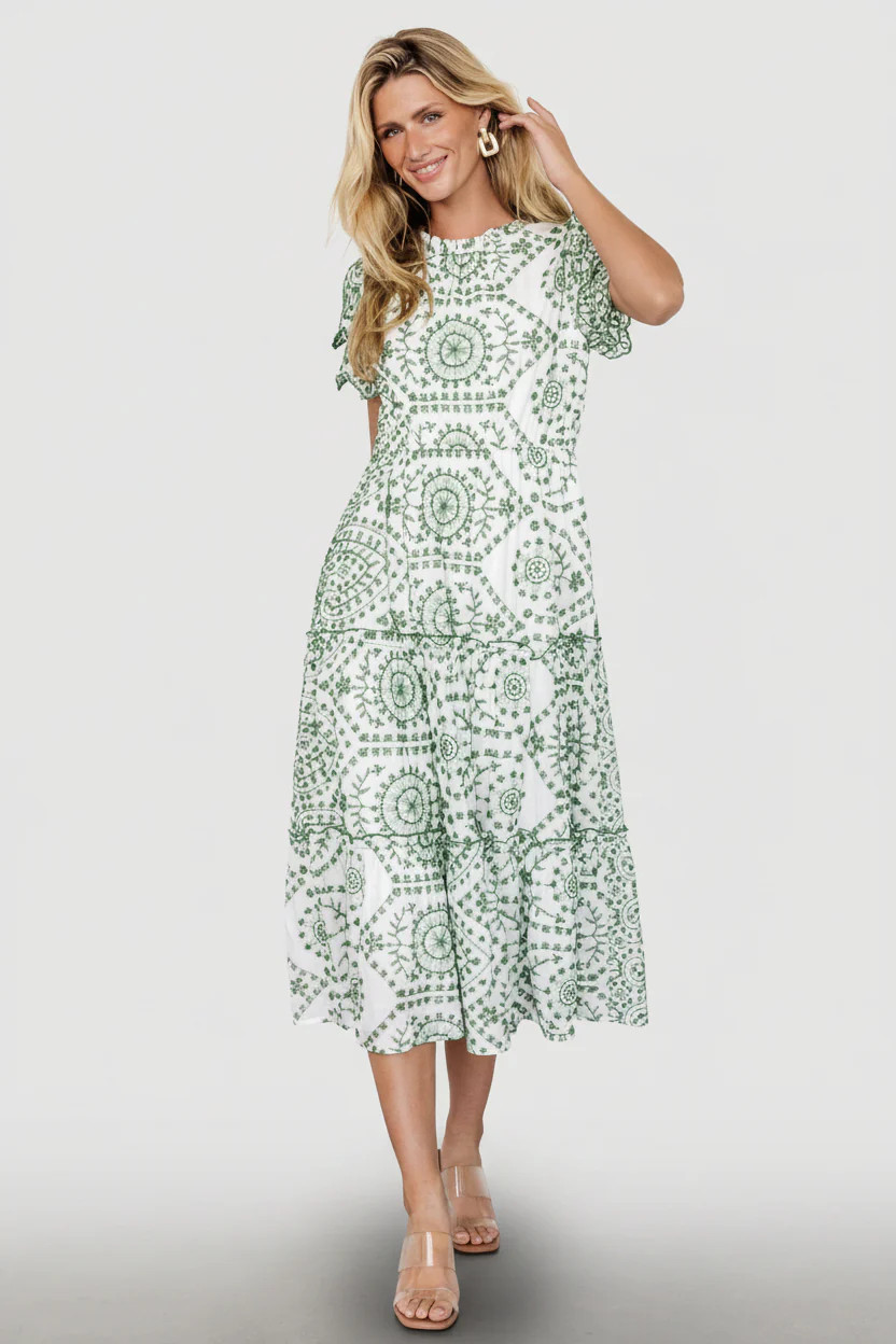 Mirabel Eyelet Midi Dress — White & Green | Baltic Born | Baltic Born