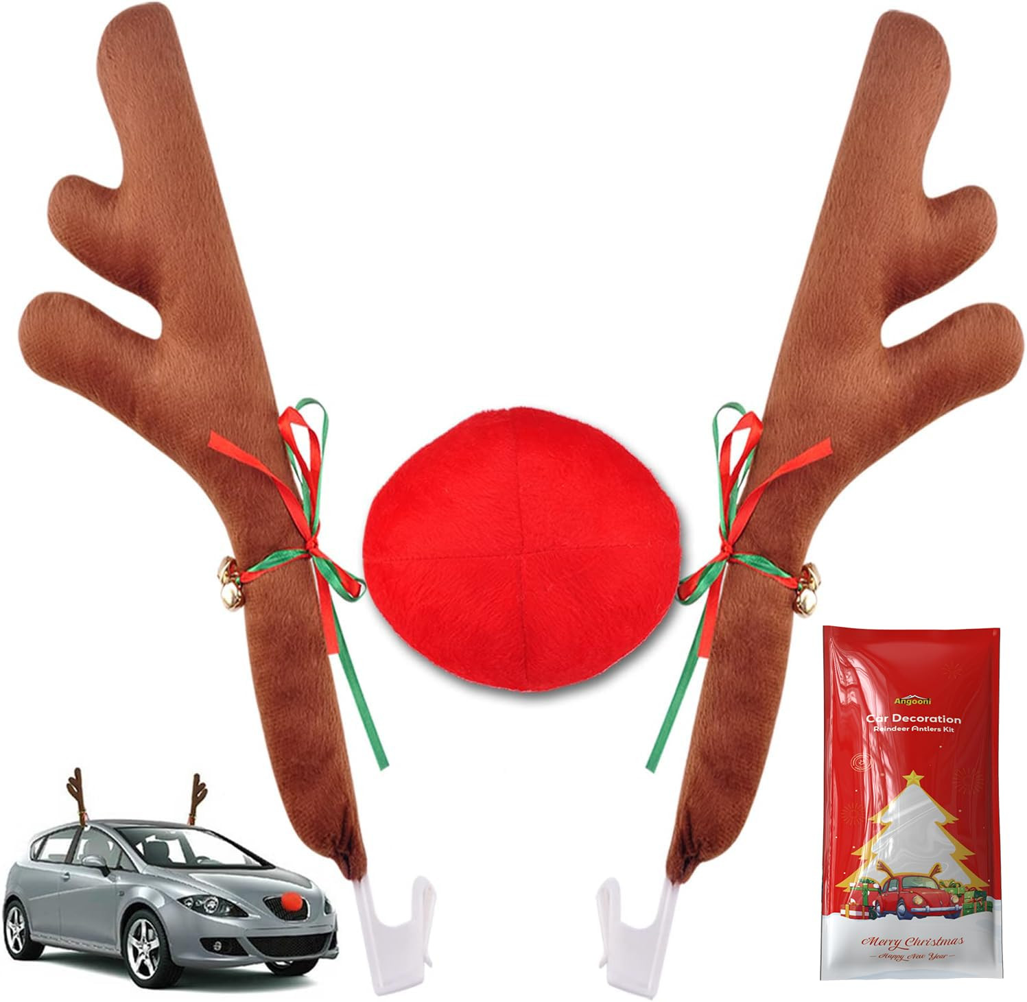 Christmas Reindeer Antlers & Nose for Car Auto Decoration, Cute Rudolph Reindeer Jingle Bell Adde... | Amazon (US)