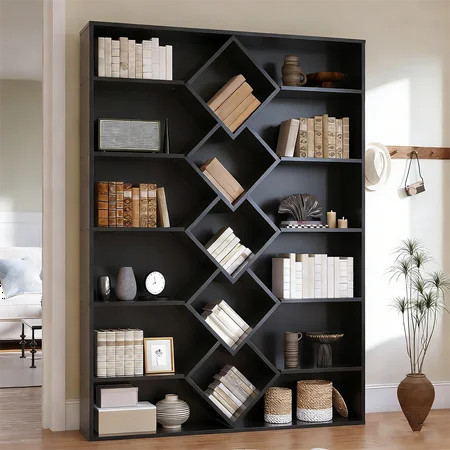 Winkalon 71" Triple Wide Bookshelf, 6 Tier Tall Bookshelf, Large Bookcase with Diamond Accent Compartments, Book Shelf with 17 Open Display Shelves for Living Room, Study, Black | Walmart (US)
