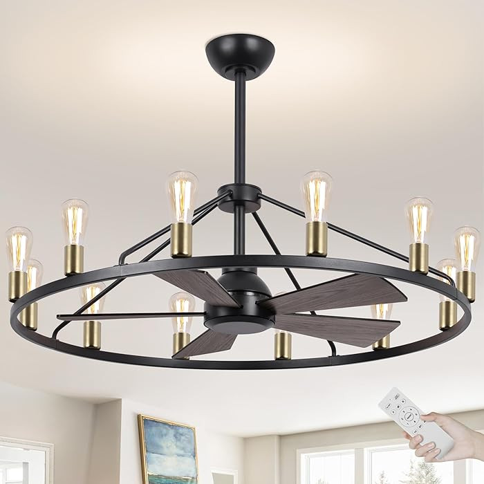 44'' Ceiling Fan with Light, Black Gold Wagon Wheel Chandelier, Large Farmhouse Fandelier Light F... | Amazon (US)