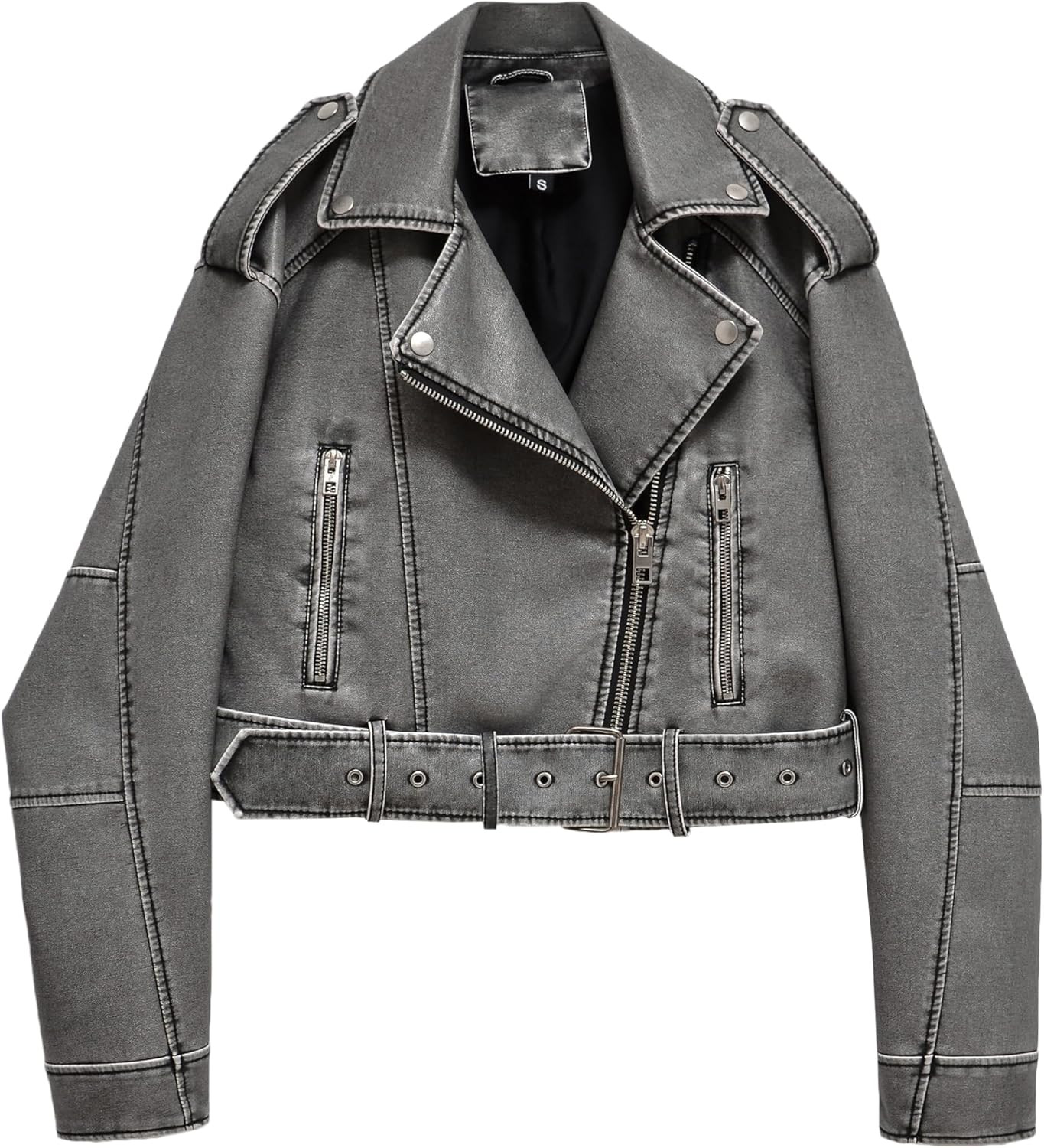 LY VAREY LIN Women Faux Leather Cropped Jacket Lapel Zipper Biker Short Coat with Belt | Amazon (US)