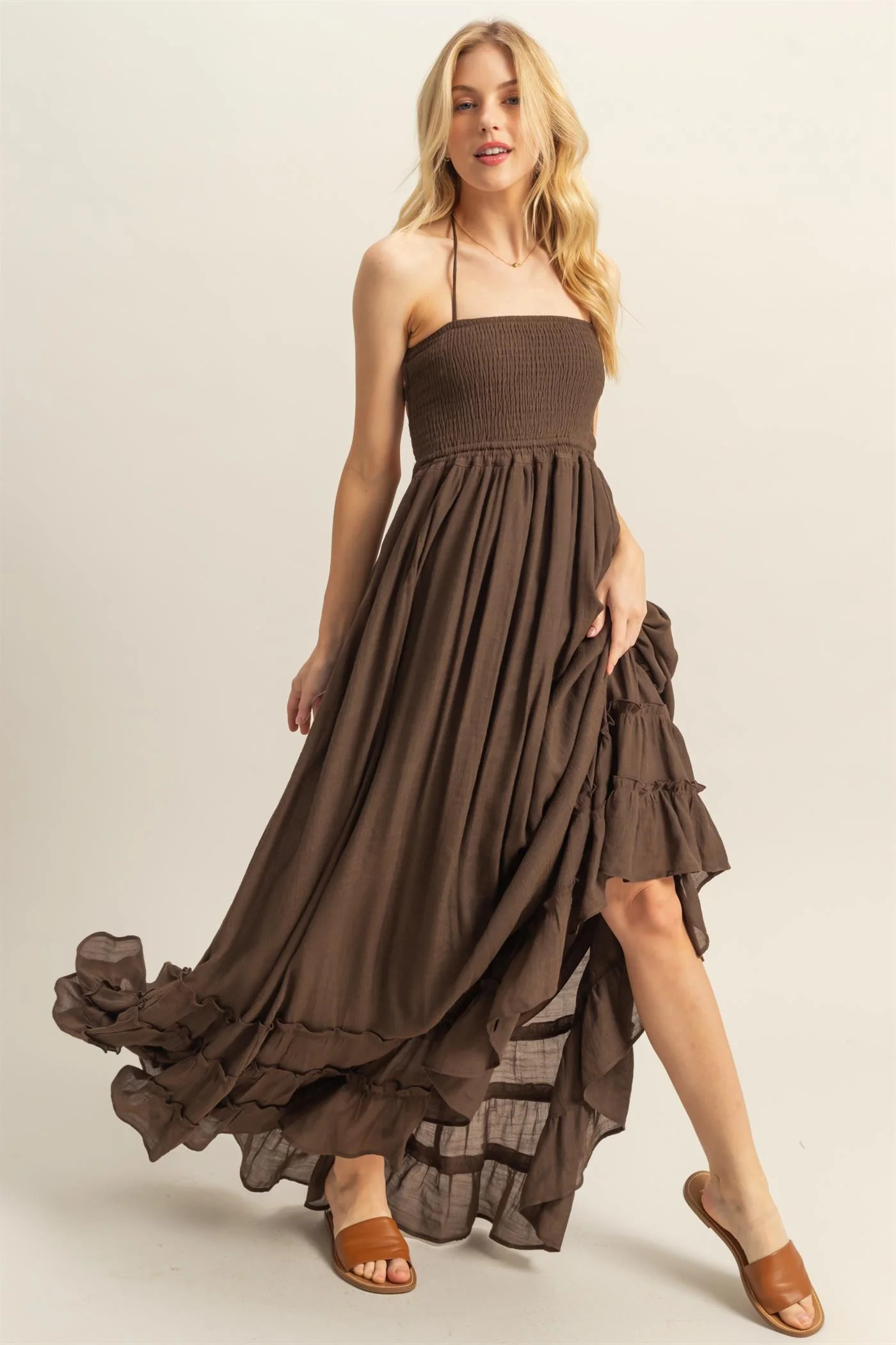 Brown Halter Neck Smocked Tiered Hem Maxi Dress | PinkBlush Maternity
