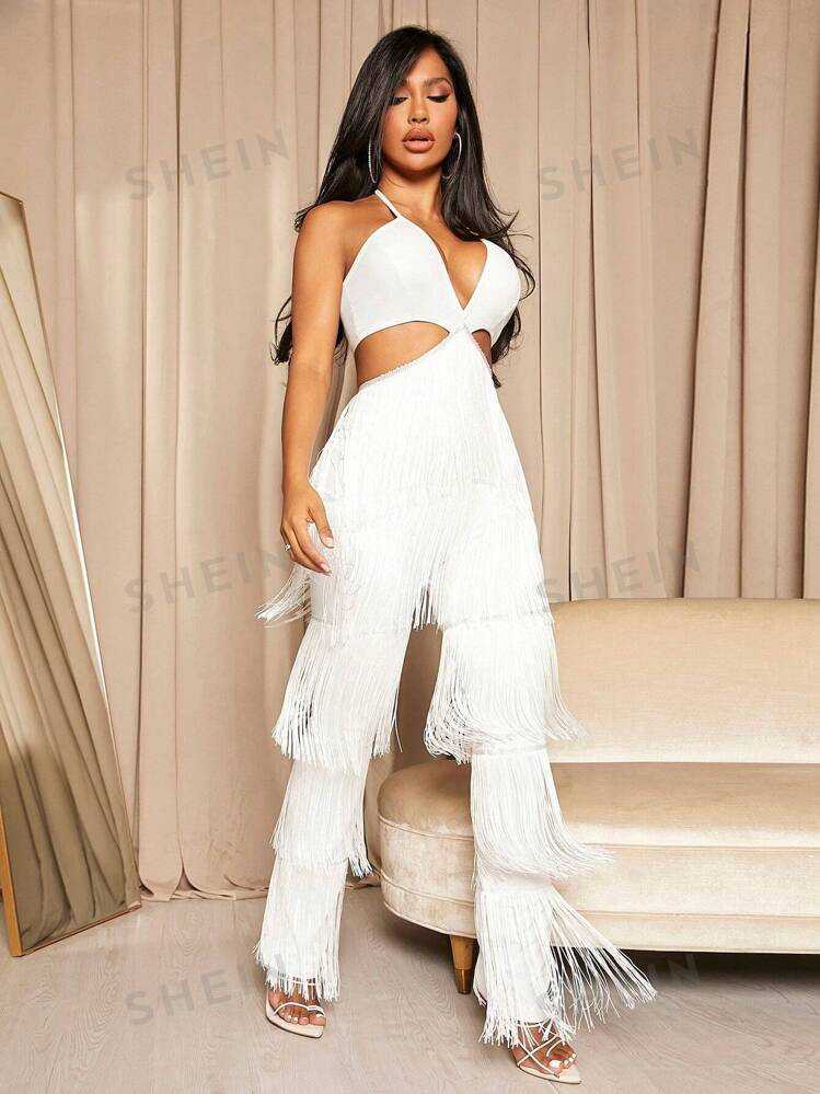 SHEIN SXY Cut Out Fringe Trim Tie Backless Halter Jumpsuit | SHEIN USA | SHEIN