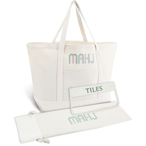 Sunnymove 3 Pcs Empty Mahjong Canvas Bag Gift Embroidered American Mahjong Set Incl Tiles Bag and Racks & Pushers Drawstring Bags(White) | Amazon (US)