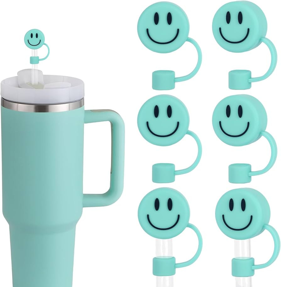 Whaline 6Pcs Smiling Face Straw Covers Mint Green Silicone Reusable Straw Topper Double Sided Pat... | Amazon (US)