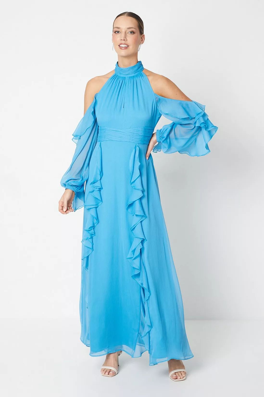 High Neck Open Shoulder Blouson Sleeve Maxi Dress | Debenhams UK