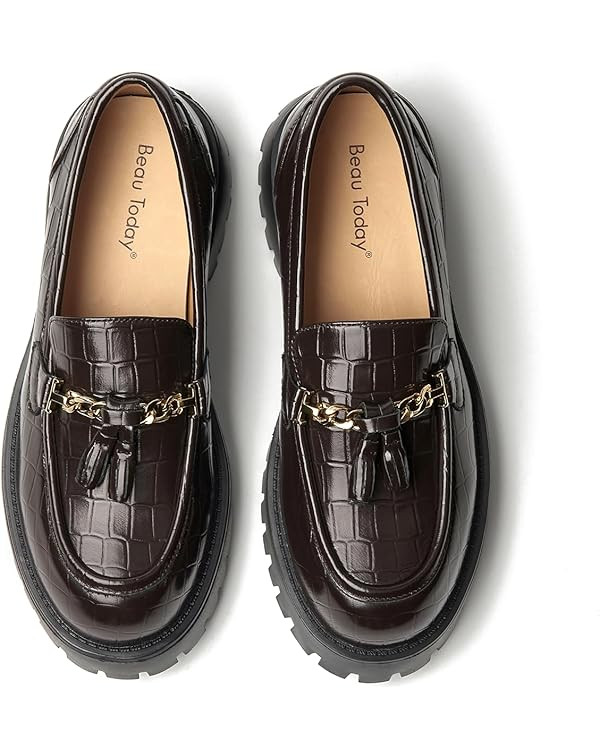 BEAU TODAY Chunky Loafers for Women,Womens Platform Loafer Shoes,Chunky Heel Lug Sole Slip-on Met... | Amazon (US)