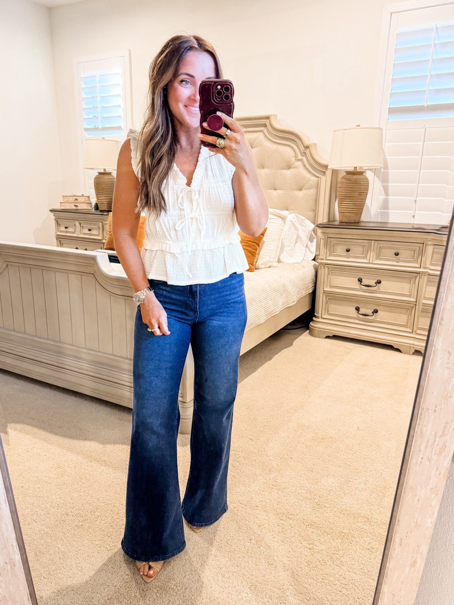 Top - M, denim - 6 (tts) 
5’2” 145 lbs 
—
Walmart denim | Sofia Vergara denim | Designer inspired | Walmart top | Walmart blouse | Walmart outfit | White blouse | White top | Flare denim | Dark denim 

#LTKWorkwear #LTKFindsUnder50 #LTKmomlife
