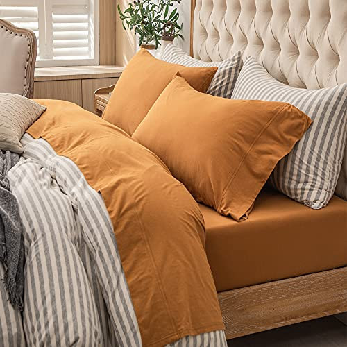 PURE ERA Jersey Knit 4pc Bed Sheet Set 100% T-Shirt Heather Cotton Super Soft Comfy Breathable Fits Mattress Up to 20" Extra Deep Pocket (Solid Burnt Orange, King) | Amazon (US)