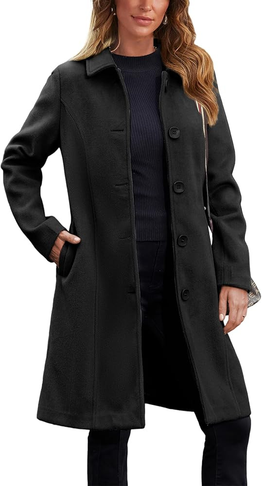 UANEO Womens Pea Coat Faux Wool Single Breasted Long Trench Coat Peacoat Dress Coat Winter | Amazon (US)