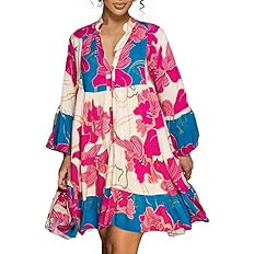 knowfashionstyle Womens Dresses 2025 Summer Boho Floral Button Tunic V Neck Dress Casual Long Sle... | Amazon (US)