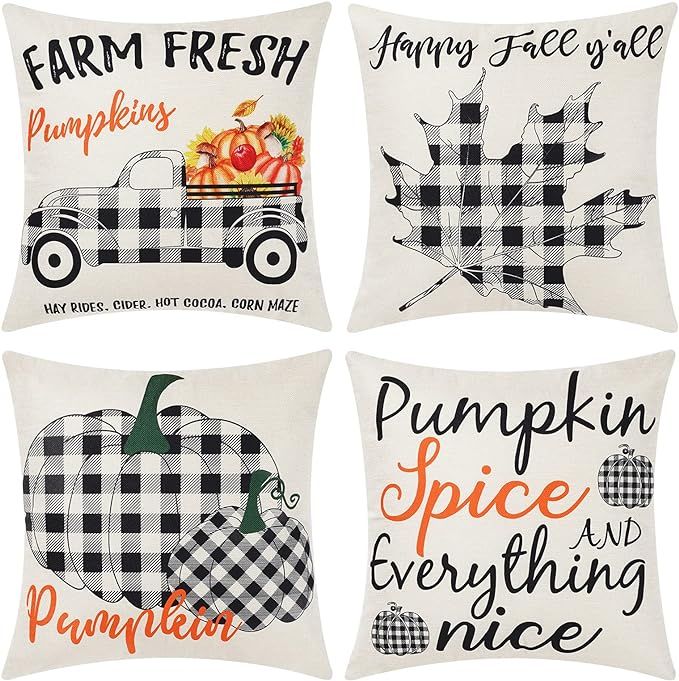 UINI Fall Decorative Throw Pillow Covers, Set of 4 Pumpkin Maple Leave Truck Pillow Covers, Black... | Amazon (US)