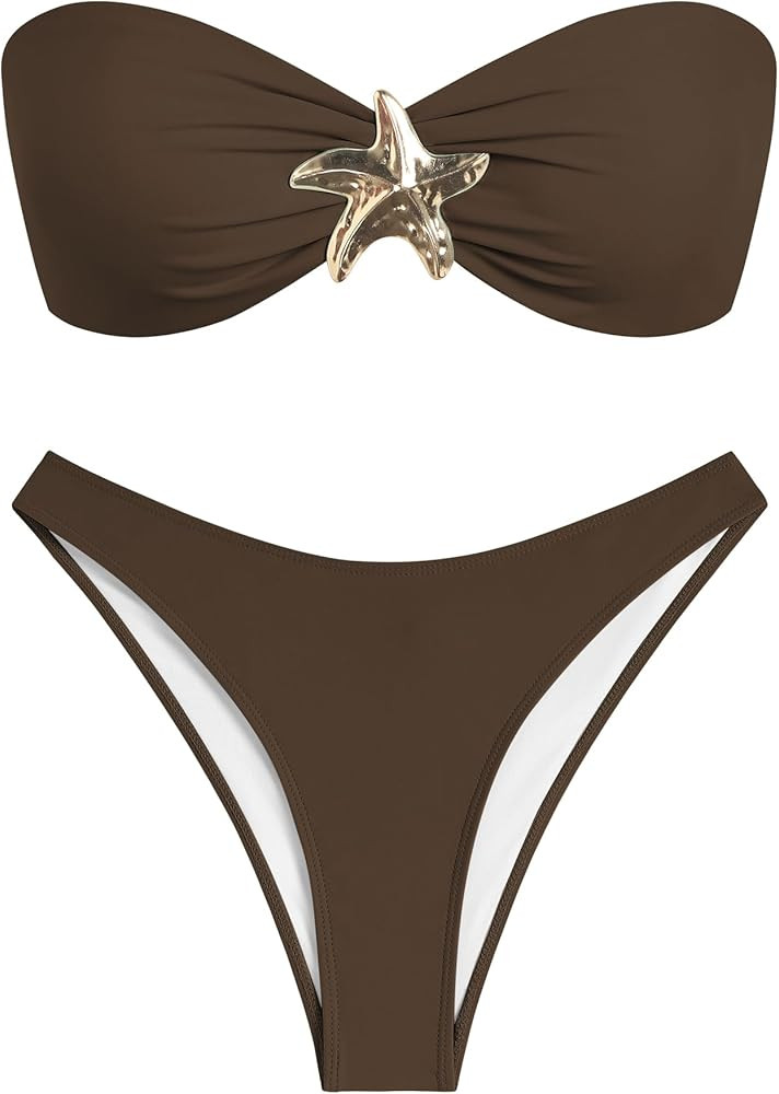 ZAFUL Womens Bandeau Bikini Set Metallic Sparkly O Ring Lace Up Tie Side High Cut Tanga Sexy Bath... | Amazon (US)