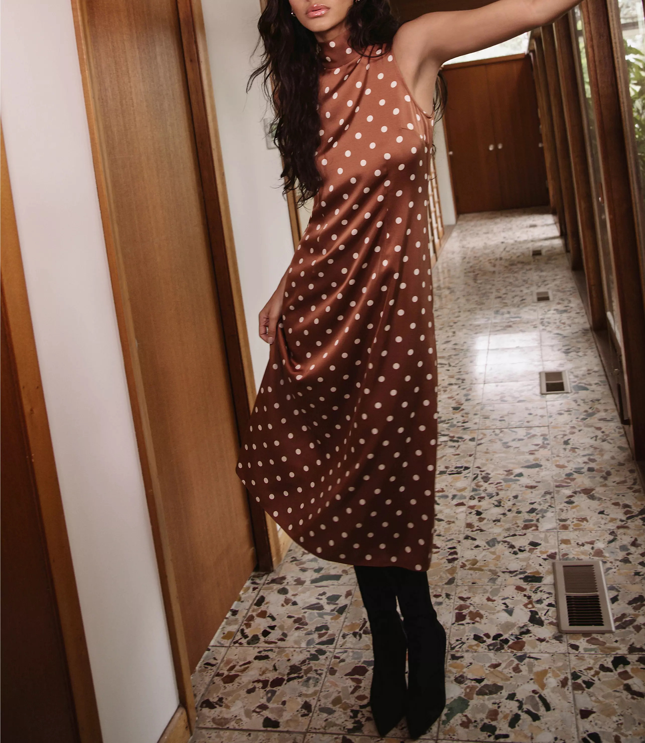 French Connection Ennis Satin Polka Dot Midi Dress | LOFT